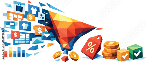 Geometric Shopping Filters. Low-poly vector illustration focused on a discount filtering system for shopping platforms, polygonal