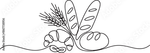 Bakery products with wheat ear in continuous line art drawing style. one line Art icon drawing