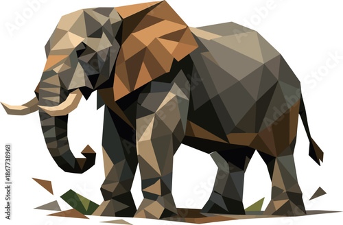 Geometric Elephant Art. Low-poly vector illustration focused on a majestic elephant shown from the side, polygonal geometric style