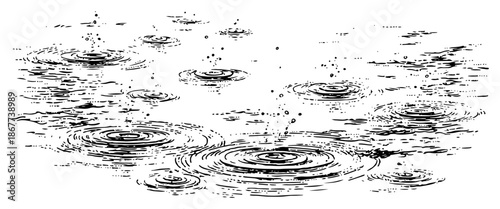 Falling raindrops creating water ripples on a surface in hand drawn ink sketch style