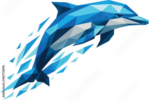 Geometric Dolphin Elegance. Low-poly vector illustration focused on a dolphin in a clean geometric interpretation, angular