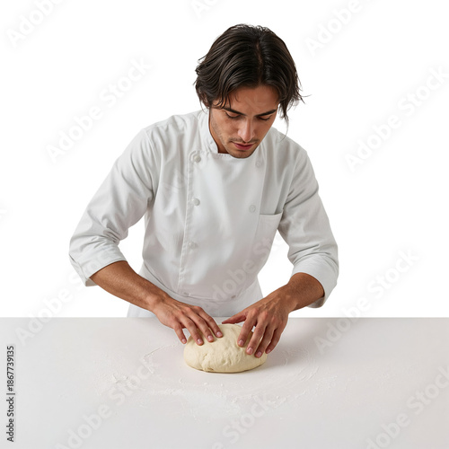 Chef Kneads Dough on White Countertop During Food Preparation Session in Kitchen