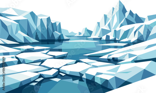 Geometric Glacier Artistry. Low-poly vector illustration focused on a polar glacier landscape, polygonal geometric style with