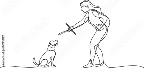 Woman training dog with stick in continuous line art drawing style. Owner playing with her cute dog on a walk. one line Art icon drawing