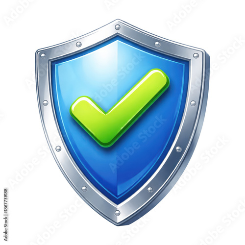 Digital shield icon with a bright green checkmark symbol representing security and approval isolated on a transparent background transparent background