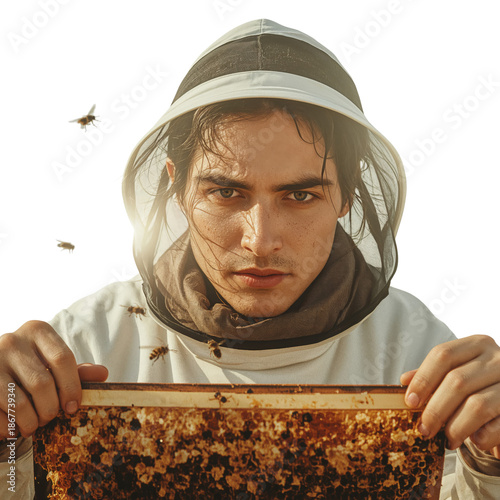 Young Person Tending to Bees While Holding a Frame of Honeycomb in an Outdoor...