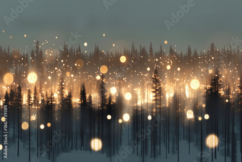 Misty forest at dusk filled with glowing light orbs, atmospheric cinematic night landscape