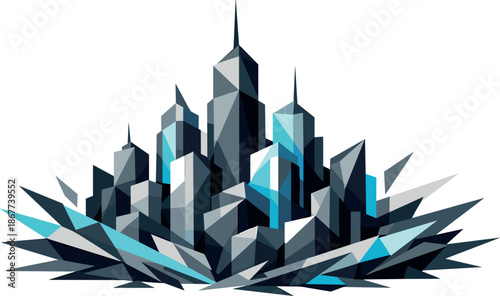 Geometric Cityscape Illustration. Low-poly vector illustration focused on an abstract city skyline concept, polygonal geometric