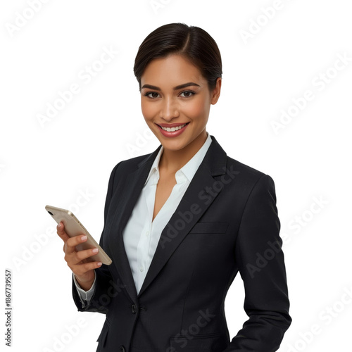 Businesswoman Smiling While Holding a Smartphone in a Professional Setting In...