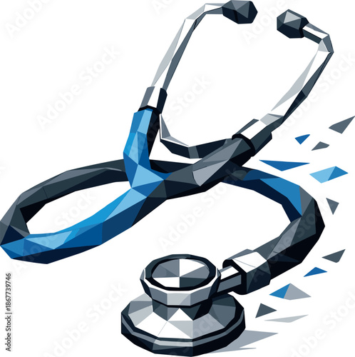 Geometric Stethoscope Design. Low-poly vector illustration of a medical stethoscope symbolizing healthcare, diagnostics, and