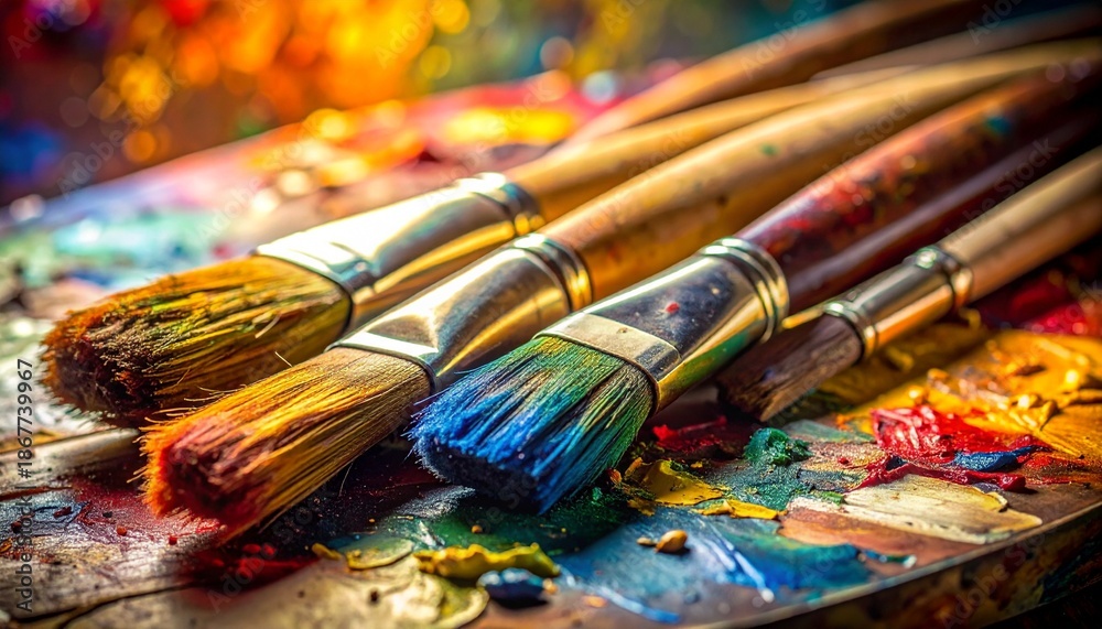 Fototapeta premium Colorful Paint Brushes on Palette with Vibrant Acrylic Paint Texture