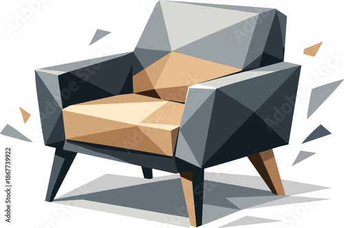Modern Polygonal Armchair. Low-poly vector illustration of a modern armchair symbolizing contemporary interior design and comfort,