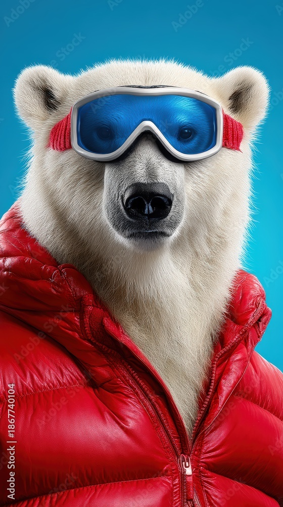 Fototapeta premium Cool Polar Bear Wearing Red Puffer Jacket and Blue Ski Goggles