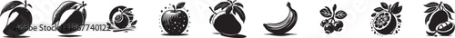 Variety of fresh fruit icons in black and white illustrations