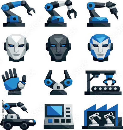 Robotic Icon Set. Robotics Low-Poly Vector Icon Set, robotic manipulators, android faces, industrial automation. Low-poly vector
