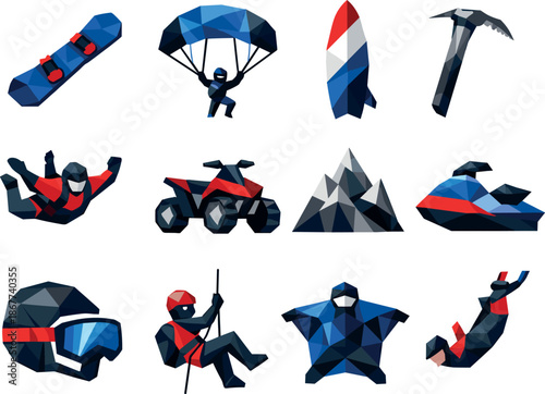 Extreme Sports Icons. Low-poly geometric icon set focused on extreme outdoor sports, including snowboards, parachutes, surfboards,