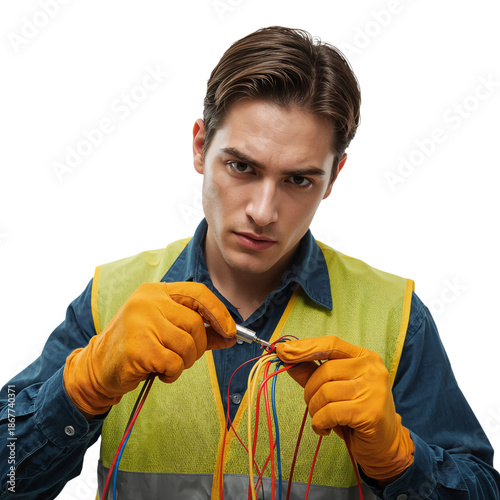 Worker Repairs Electrical Wires With Tools at a Work Site During Daytime Hours
