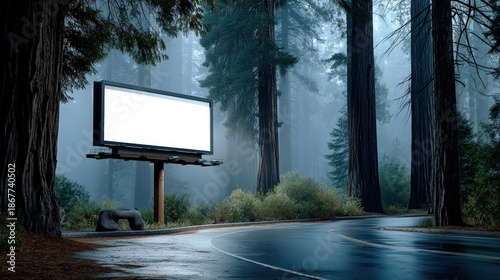 Blank Billboard on a Misty Road through Redwood Forest