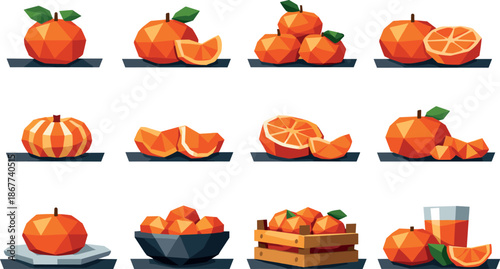 Mandarin Icon Collection. Professional low-poly vector icon collection representing mandarins placed on a table using crisp