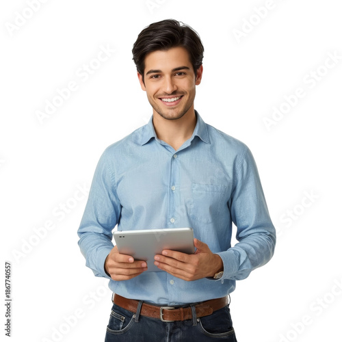 Young Man Holding a Tablet and Smiling in a Studio Setting During Daytime