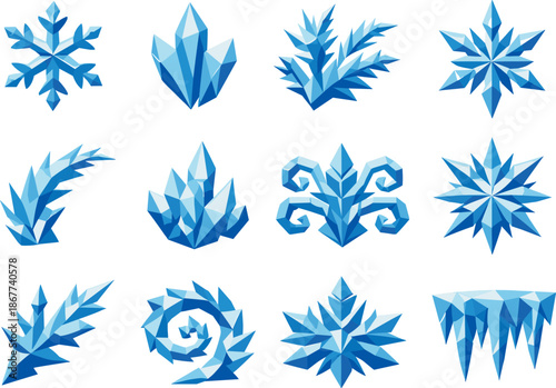 Frost Pattern Icons. Geometric low-poly vector icons depicting frost patterns and icy ornamental shapes built from angular