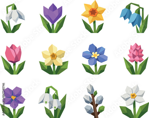 Low-Poly Flower Icons. Stylized low-poly first flower icons designed with sharp angular polygons and faceted petals and stems for