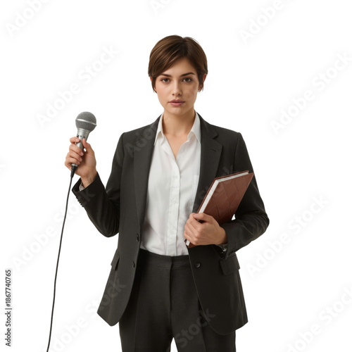 Young Woman in Business Suit Holding Microphone and Notebook in Studio Settin...