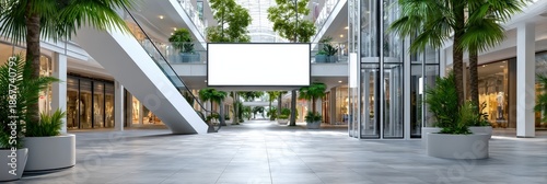 Modern Shopping Mall Interior with Blank Billboard and Palm Trees