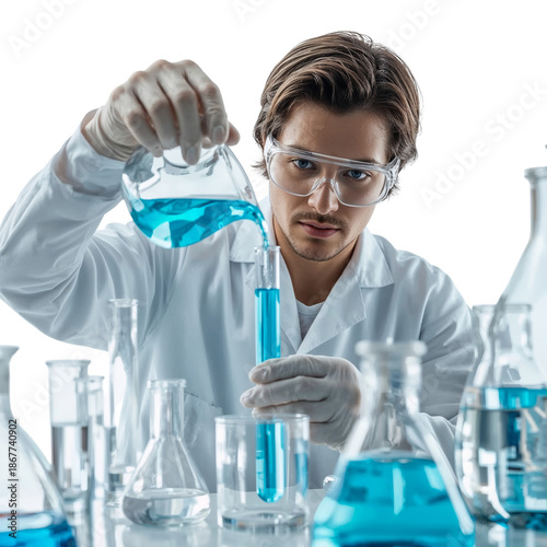 Scientist Conducts an Experiment With Blue Liquid in Laboratory