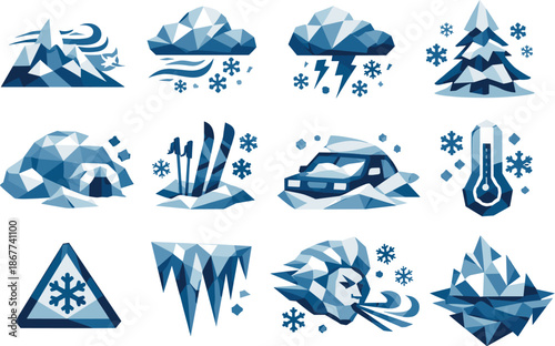 Blizzard Icon Set. Harsh winter blizzard and heavy snowfall illustrated as a low-poly vector icon set with sharp polygon edges,