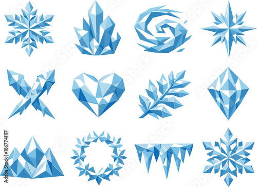 Frosty Low-Poly Icons. Icy frost patterns and frozen decorative motifs visualized as a cohesive low-poly vector icon set built