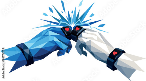 Digital Connection Ritual. Low-poly vector illustration focused on sending an emotional signal between smart bracelets as a