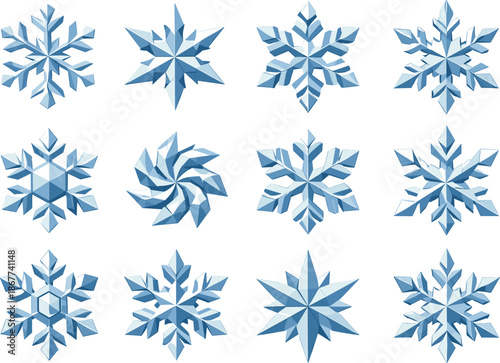 Low-Poly Snowflake Icons. Frosted snowflakes decorating window glass visualized as a low-poly vector icon set with sharp polygon