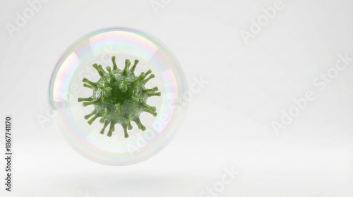 Virus particle floating inside a soap bubble. Concept of protection against infection, hygiene, washing hands and immunity shield.