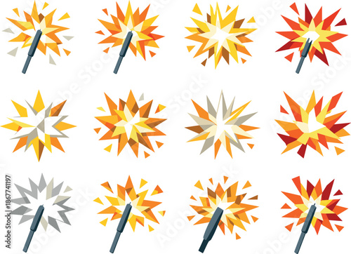Sparkler Icon Set. Low-poly vector icon set for sparkling bengal fire and festive sparkler light, featuring angular polygonal