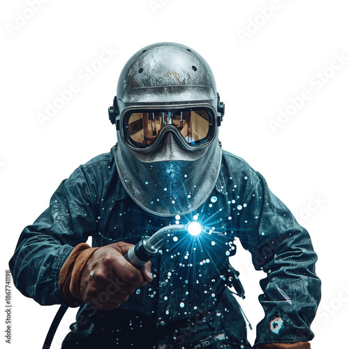 Welding Worker in Protective Gear Performs Welding Task in Workshop During Da...