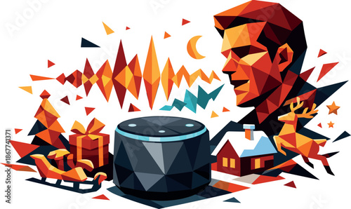 Festive Voice Assistant. Low-poly vector illustration focused on a digital voice assistant concept reading festive stories in the