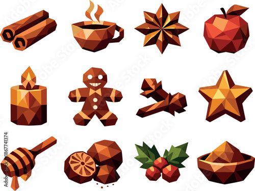 Cinnamon Spice Icons. Warm cinnamon aroma and festive spice notes represented through a professional low-poly vector icon set