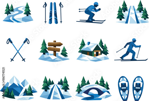 Winter Ski Icons. Low-poly vector icon set for forest ski trail and winter cross-country skiing path, featuring angular polygonal