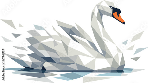 Geometric Swan Elegance. Low-poly vector illustration focused on a swan rendered in geometric low-poly style, faceted polygonal