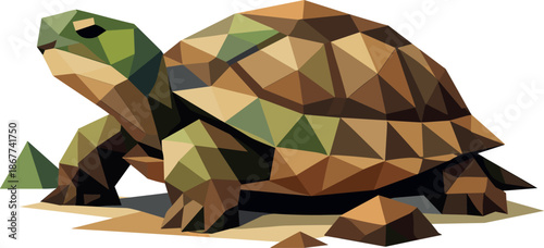 Polygonal Wisdom Turtle. Low-poly vector illustration focused on a turtle symbolizing wisdom and resilience, polygonal geometric