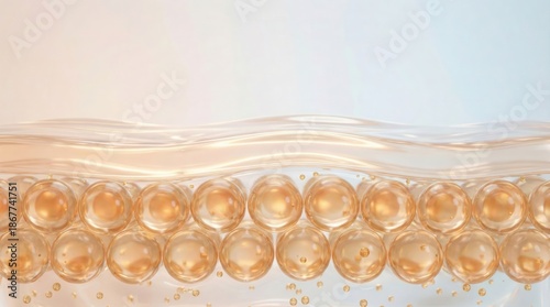 Microscopic view of skin layers with golden oil or serum bubbles for cosmetic and dermatological treatment concept