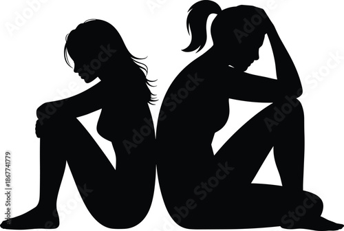 Sad women silhouette sitting back to back, depression loneliness emotional pain mental health concept illustration