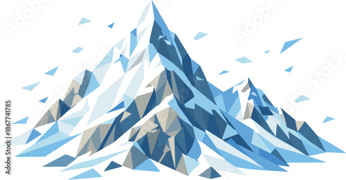 Polygonal Snowy Peaks. Low-poly vector illustration focused on winter mountain peaks covered in snow, faceted polygonal anatomy