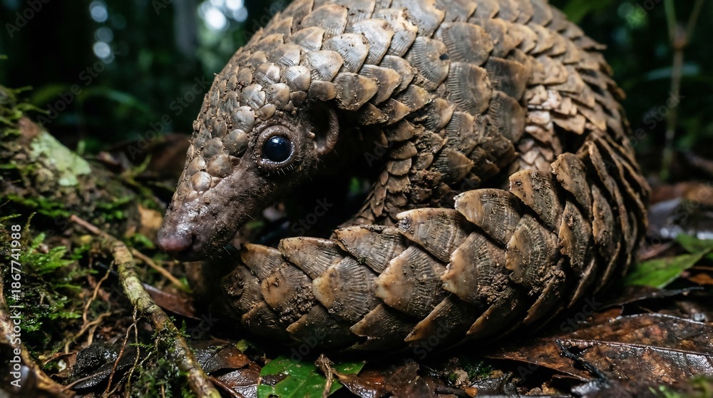 Fototapeta premium Majestic pangolin curled into a protective ball on the dark, moist forest floor, showcasing its intricate scaly armor and small, dark eye, captured in a detailed close-up shot 