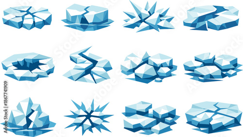 Low-Poly Ice Icons. Winter ice cracking and fractured frozen river visualized as a low-poly vector icon set with sharp polygon