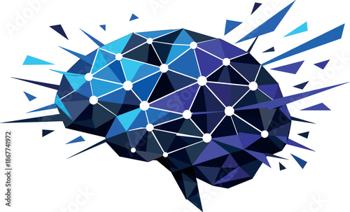 Geometric Neural Network. Low-poly vector illustration focused on a human brain represented as a neural network, polygonal