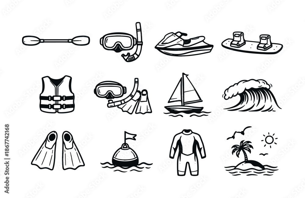 Obraz premium Black and white line icons of summer water sports equipment including goggles, snorkel, surfboard, jet ski, fins, sailboat, wave, buoy, and wetsuit