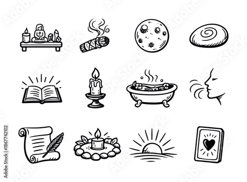 Hand-drawn spiritual and mystical icons set featuring candle, sage smoke, crystal altar, moon, sun, bath, book, scroll, feathers, and tarot card