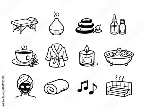 Hand-drawn spa and wellness icon set with massage table, aroma diffuser, stones, essential oils, tea cup, robe, candle, bath, towel, music, sauna